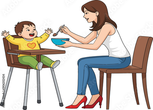 Vector illustration of a happy young mother feeding her cheerful baby sitting in a high chair with a spoon and bowl.