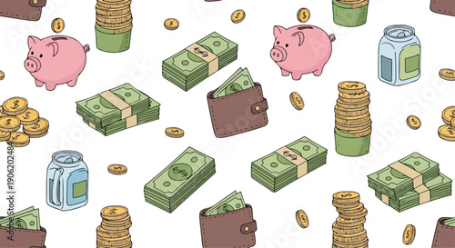 Illustration of various money saving tools and cash on a white background, including piggy banks, stacks of dollars, coins, and wallets, conveying a sense of saving money.