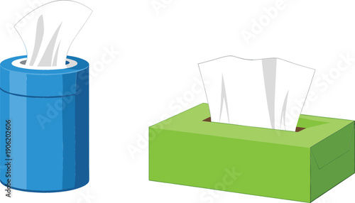 Vector illustration of blue cylindrical tissue canister and green rectangular paper box with white soft facial tissues isolated on white background for hygiene.