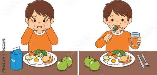Vector illustration showing a comparison between a sad tired boy and a happy healthy boy eating a nutritious breakfast with vegetables eggs and fruit.