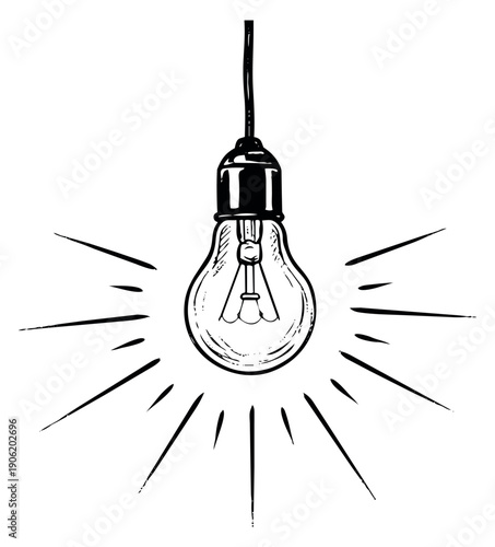 Hand drawn line art illustration of a light bulb depicting glowing and hanging for creative ideas and inspiration