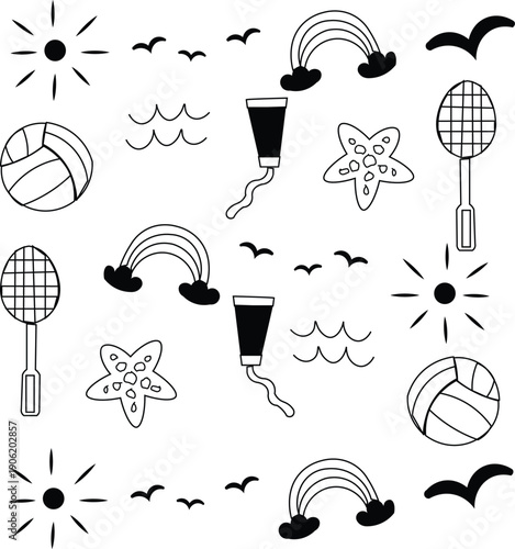 A playful black and white doodle pattern featuring various summer and beach-themed elements like suns, waves, birds, rainbows, sunscreen, starfish, volleyballs, and badminton rackets.
