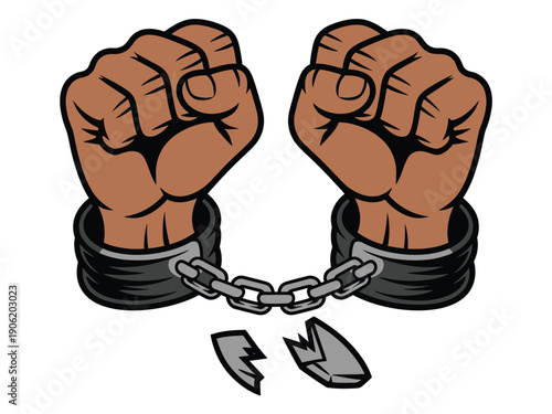 A powerful illustration of two fists breaking free from shackles and chains, symbolizing freedom and liberation.