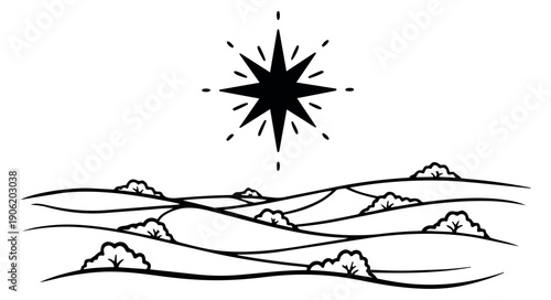 Line art illustration of a shining star and landscape depicting hope and guidance for holiday celebrations