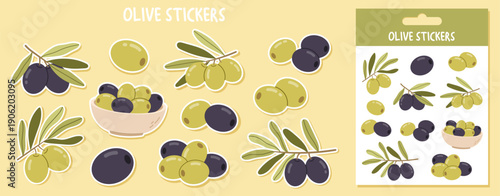 Vibrant sticker set featuring green and black olives. Modern flat vector labels for Mediterranean food packaging, organic product branding, and restaurant menu decor. 