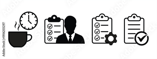 Professional productivity and task management line icon set featuring office coffee break time, individual employee checklist, and administrative project settings symbols.