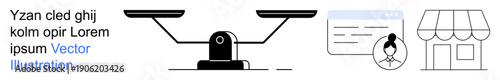Business ethics, e-commerce, online identity, user profiles, financial scales, decision-making. A balance scale, user profile and a storefront icon. Business ethics and e-commerce concepts