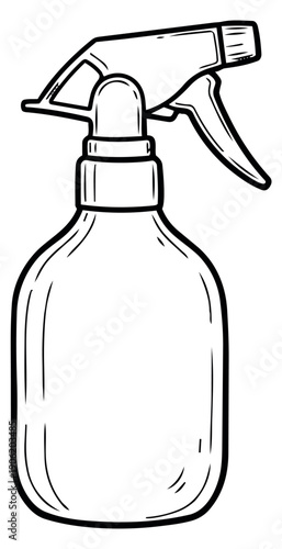 Hand drawn line art illustration of a spray bottle depicting a liquid dispenser for general household and professional use