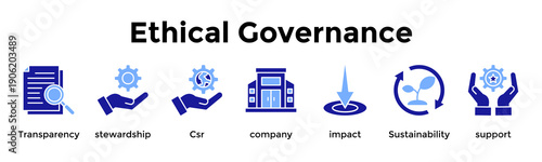 Ethical Governance Icon Set. Containing Transparency, Stewardship, Csr, Company, Impact, Sustainability, Support