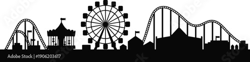 Amusement, park, silhouette, skyline, ferris, wheel, roller, coaster, carnival, rides, isolated, white, background, entertainment, funfair, vector, illustration, cityscape, design, graphic