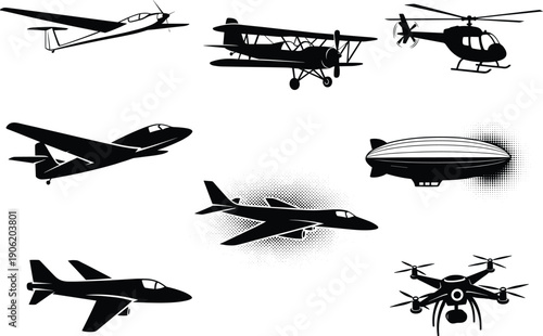 Collection of various aircraft silhouettes including airplane, helicopter, jet, drone, glider, and airship, aviation vector illustration, modern and vintage flight transport design