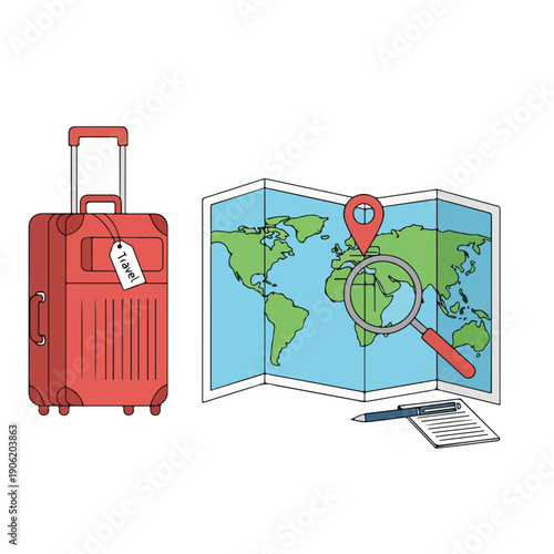 Travel Luggage and World Map Vacation Concept