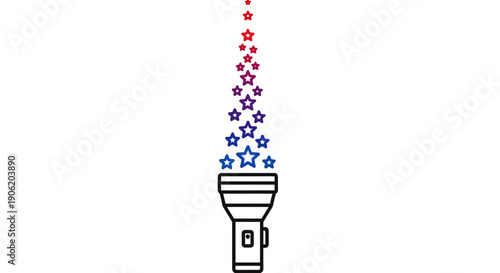 A vibrant flashlight emitting a beautiful colorful stream of gradient stars on a clean white