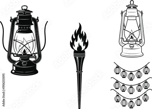 Collection of vintage kerosene lanterns, flaming torch silhouette, camping oil lamp, and festive string lights set, black vector illustration isolated on white background
