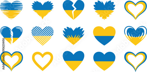 A collection of 18 heart designs arranged in a grid pattern, all featuring the Ukrainian flag colors of blue and yellow.