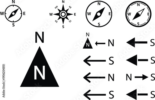 Compass and direction arrow vector icons, north south east west symbols, navigation design elements for map orientation, travel, and geographic illustration