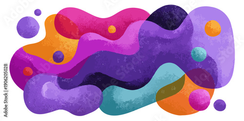 흰색 배경 위에 겹쳐진 다채롭고 투명한 유기적 형태의 추상적인 수채화 질감 그래픽 디자인 요소로, 보라색과 주황색 및 청록색이 조화롭게 어우러져 현대적이고 창의적인 분위기를 연출하는 일러스트레이션입니다.