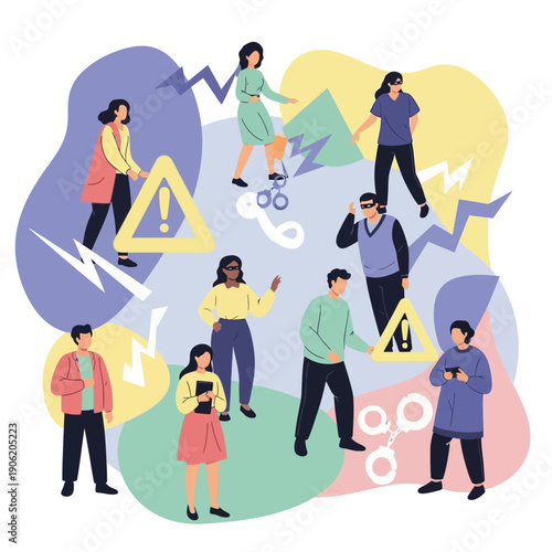 Diverse people navigating challenges and obstacles in a complex environment.