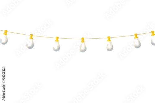 하얀색 배경 위에 일렬로 매달려 있는 투명한 전구 가랜드 일러스트레이션으로 축제나 파티의 화려하고 따뜻한 분위기를 연출하기에 매우 적합하며 다양한 디자인 프로젝트에 활용 가능한 고품질 그래픽 요소입니다.