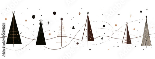 투명한 배경 위에 세련된 블랙과 골드 색상으로 그려진 미니멀한 스타일의 크리스마스 트리 일러스트레이션 세트로 겨울 축제와 연말연시 파티 분위기를 아름답게 연출하기 위한 가로형 디자인 요소입니다.