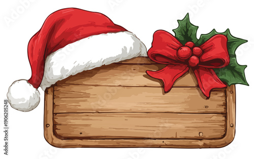 투명한 배경에 산타 모자와 빨간색 리본 장식이 더해진 빈 나무 표지판 일러스트레이션으로, 크리스마스 파티 초대장이나 연말 세일 공지 등 다양한 축제 관련 디자인 프로젝트에 활용하기 좋은 고품질 그래픽 리소스입니다.