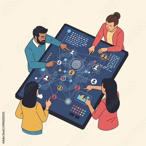 Diverse team collaborating on a large interactive digital screen.