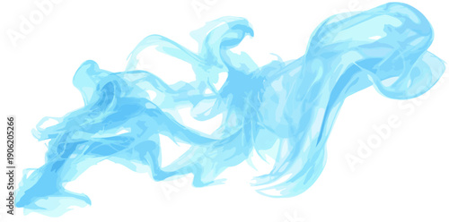 흰색 배경 위에 부드럽게 소용돌이치며 흐르는 투명한 파란색 연기 또는 물결 모양의 추상적인 일러스트레이션으로 신비롭고 몽환적인 분위기를 연출하며 다양한 디자인 프로젝트에 활용 가능한 고품질 그래픽 소스입니다.