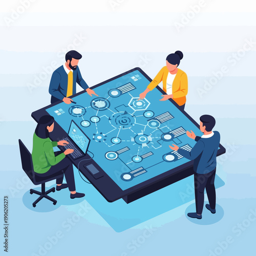 Business team collaborating on a large interactive screen with data network.