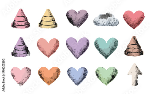 투명한 배경 위에 정성스럽게 그려진 파스텔 톤의 손그림 하트와 원뿔 그리고 구름과 화살표 아이콘 세트로 부드러운 질감과 감성적인 드로잉 스타일이 돋보이며 다양한 디자인 프로젝트에 활용 가능한 그래픽 요소입니다.