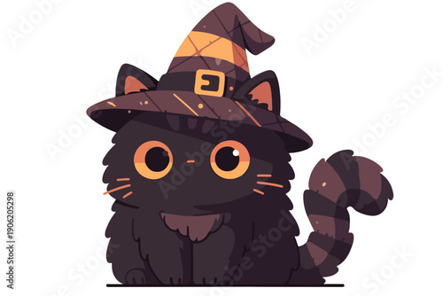 할로윈 마법사 모자를 쓰고 있는 귀엽고 푹신한 검은 고양이 캐릭터 일러스트로 투명한 배경 위에 고립되어 있어 카드 디자인이나 웹 사이트 장식 등 다양한 창의적인 프로젝트에 활용하기 매우 좋습니다.