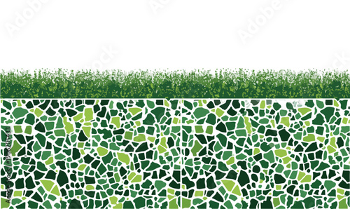 흰색 배경 위에 펼쳐진 싱그러운 초록색 잔디와 하단의 세밀한 기하학적 모자이크 패턴이 조화를 이루는 자연 친화적인 디자인 요소로 투명한 느낌을 주는 고해상도 그래픽 일러스트레이션입니다.