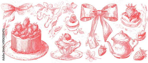 분홍색 선으로 섬세하게 묘사된 빈티지 스타일의 딸기 케이크와 찻주전자 그리고 커다란 리본 장식이 포함된 투명한 배경의 핸드드로잉 일러스트레이션 세트로 티타임 테마의 디자인 요소입니다.