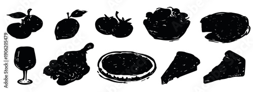 투명한 배경에 디자인된 사과와 레몬 및 토마토와 포도 그리고 와인 잔과 조각 케이크를 포함한 다양한 식재료와 디저트 아이콘들이 검은색 실루엣 형태의 손그림 스타일로 구성된 일러스트레이션입니다.