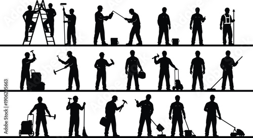 Construction and maintenance workers silhouettes set, industrial labor people with tools, repair service teamwork, black vector illustration for industry, safety, and workforce design