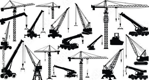 Construction Cranes Vector Silhouette Set, Collection of Heavy Equipment, Including Tower, Mobile, and Truck Cranes, for Industrial, Building, and Engineering Design