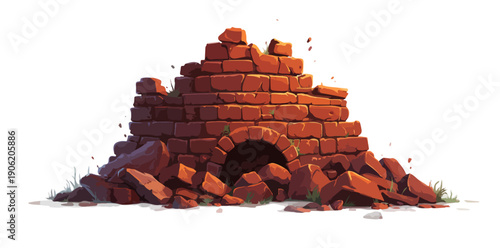 하얀 배경 위에 고립되어 있는 붉은 벽돌로 만들어진 아치형 입구가 포함된 오래된 폐허와 무너진 건물 잔해들이 무더기로 쌓여 있는 모습의 투명한 배경을 가진 고해상도 일러스트레이션 이미지입니다.