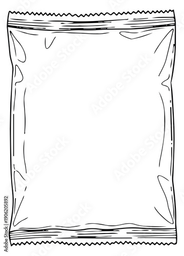 Hand drawn line art illustration of an empty food pouch depicting an empty and sealed package for product packaging design