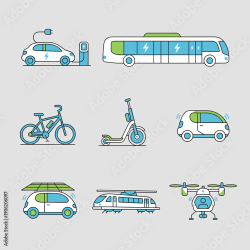 Eco friendly electric transportation icons featuring ev car bus bicycle scooter autonomous vehicle solar powered automobile and futuristic drone for city mobility