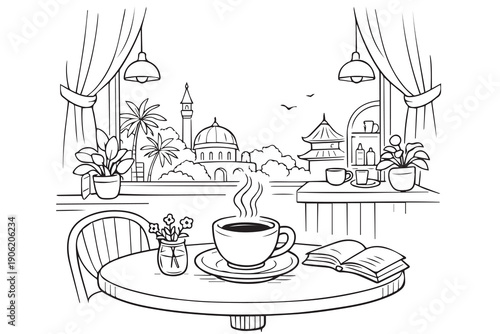 A minimalist vector artwork showing a cafe table with a coffee cup facing a city skyline view, expressing peaceful urban atmosphere, daily coffee routine, and relaxing city lifestyle concept.