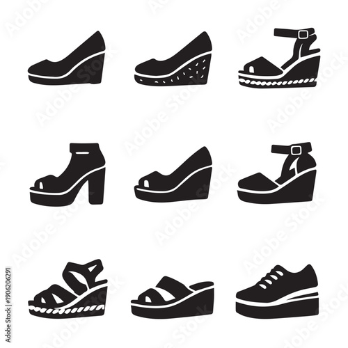 A simple vector icon set of various women’s wedge shoes in different shapes and styles, designed with clean outlines to represent fashion trends, footwear variety, and modern female lifestyle.