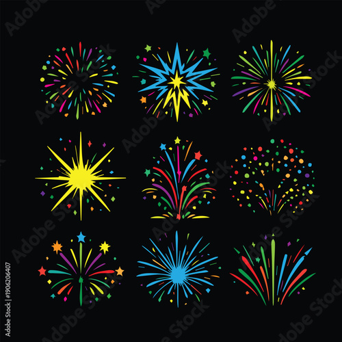 A minimalist vector artwork showing multiple colorful fireworks shapes on a dark black background, expressing celebration moments, party vibes, night sky beauty, and festive joyful energy themes.
