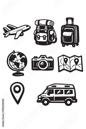 A minimalist vector artwork showing travel icons such as airplane, folded map, location marker, suitcase, and camera, expressing vacation planning, global travel, discovery, and adventure lifestyle.