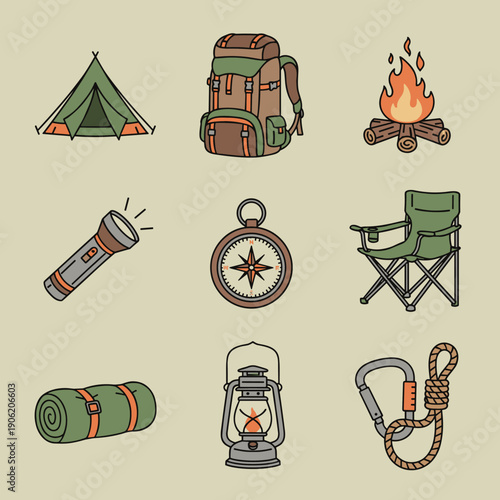 Outdoor camping and hiking equipment icons set with tent backpack campfire flashlight compass chair sleeping bag lantern and rope for adventure travel design