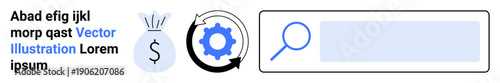 Finance, business optimization, search tools, data analytics, online transactions, user interface design. Money bag with dollar sign, gear icon and search bar. Finance and business optimization