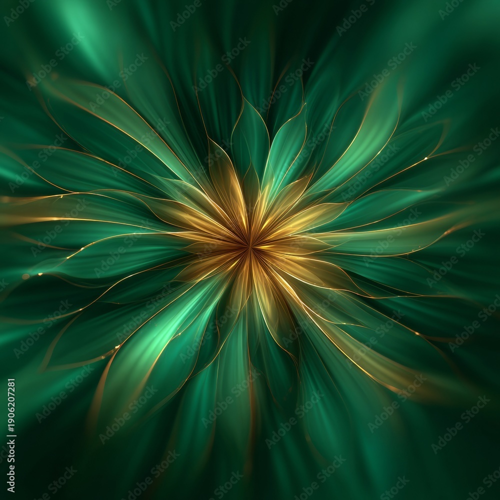 Obraz premium Abstract emerald floral burst with flowing gold lines and radiant center light