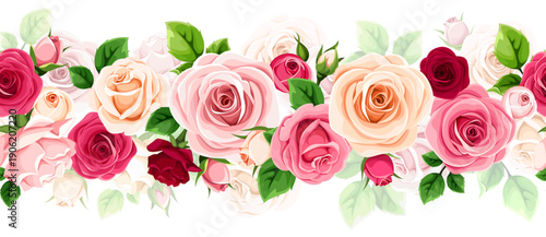 Floral seamless border with red, pink, and white rose flowers and green leaves. Vector horizontal seamless garland