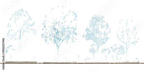 Zestaw czterech minimalistycznych sylwetek drzew w kolorze jasnoniebieskim na białym tle, idealny do projektów architektonicznych i krajobrazowych.