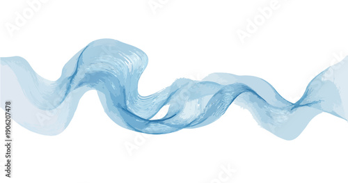 Abstrakcyjna niebieska fala o płynnych kształtach przypominająca dym lub wodę na białym tle, idealna do projektów graficznych i tła.