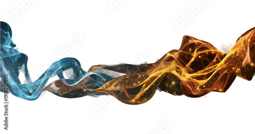 Abstrakcyjna kompozycja przedstawiająca płynne fale niebieskiego i złotego dymu z błyszczącymi cząsteczkami na czystym białym tle.
