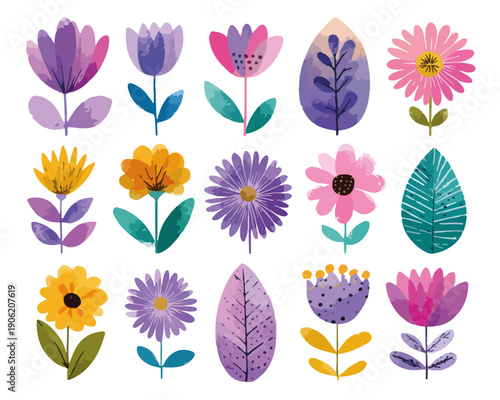 Kolorowa kolekcja stylizowanych kwiatów i liści akwarelowych na białym tle, doskonała do projektowania zaproszeń, kartek i dekoracji wiosennych.